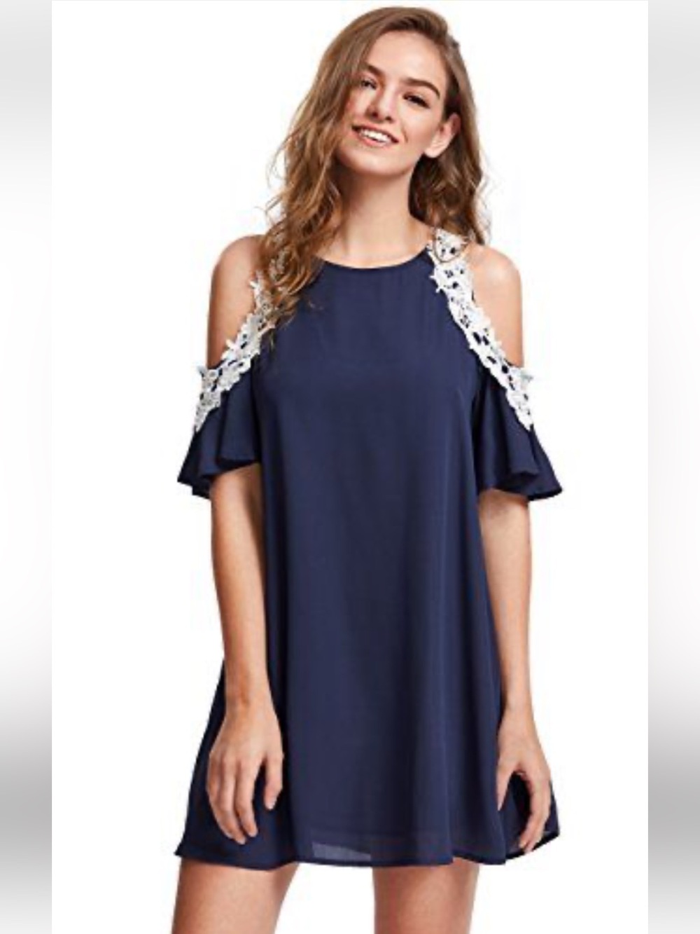 Roiii Fashion Navy Cold-Shoulder Dress with Lace Trim
